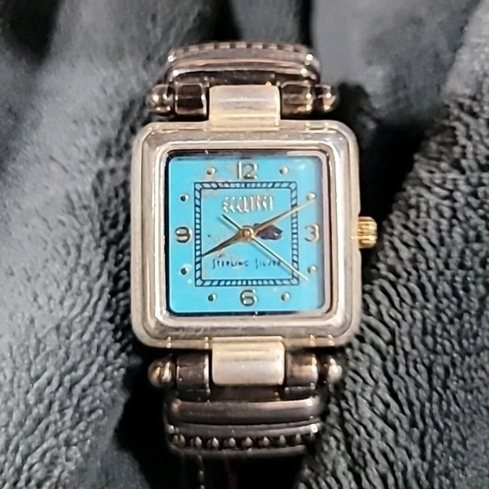 Ecclissi Sterling Silver Turquoise Dial Watch 22490 Brown Leather Strap‎